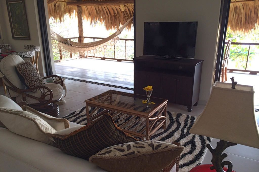 A living room with a sofa, armchairs, a glass coffee table, a TV, and a hammock outside.