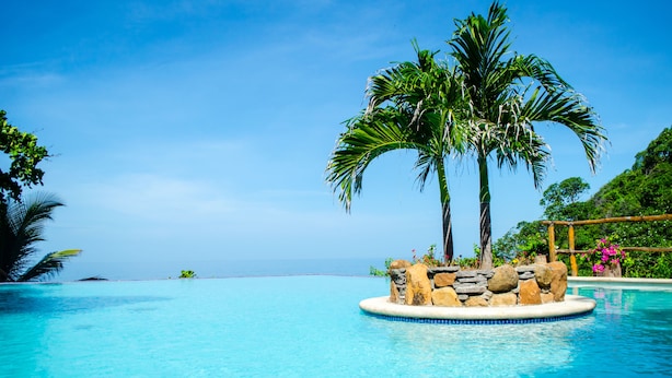 A clear blue pool with a palm tree and a stone structure in the center. - Paraiso Escondido Hotel Villas & Resort (Teotepeque)