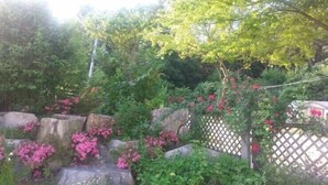 Ein Garten mit Holzzaun, großen Steinen und blühenden Pflanzen.