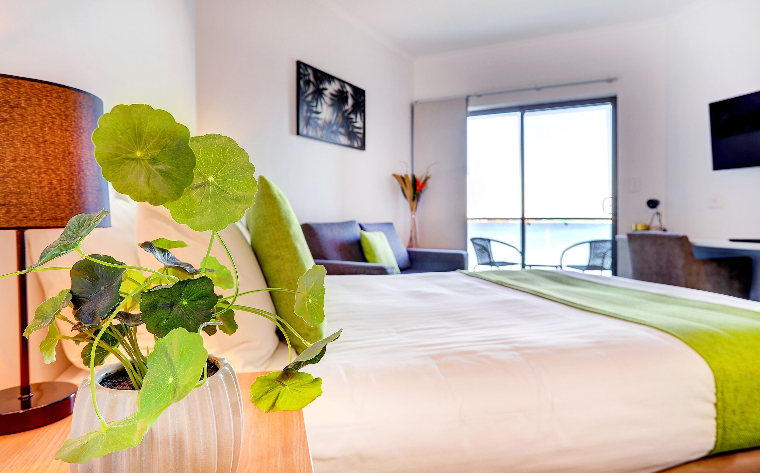 Hotellihuone, jossa on sänky, työpöytä, tuoli, lamppu ja ruukussa oleva kasvi.