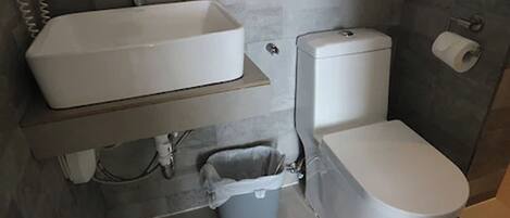 Een badkamer met een rechthoekig wastafelmeubel, toilet en een prullenbak.