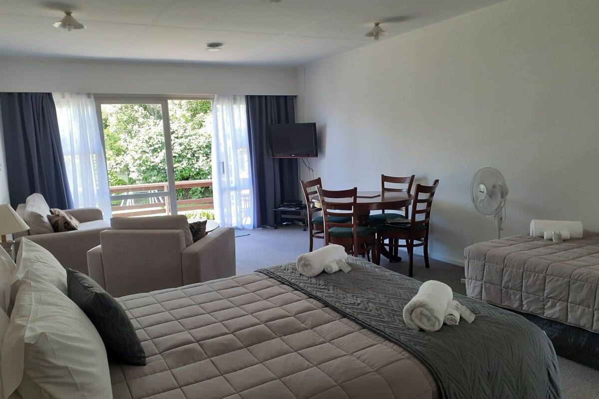 A hotel room with a bed, a sofa, a dining table with chairs, a TV, and a fan.