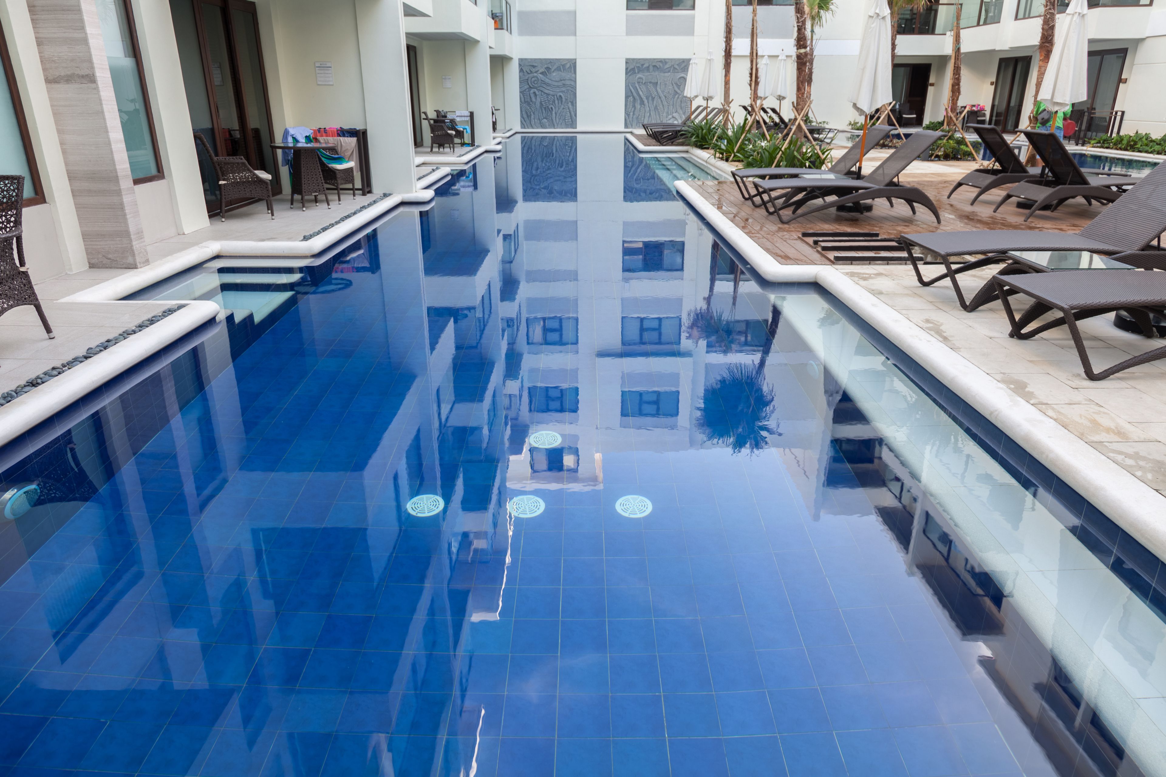 2 outdoor pools, open 8:00 am to 8:00 pm, pool umbrellas, pool loungers