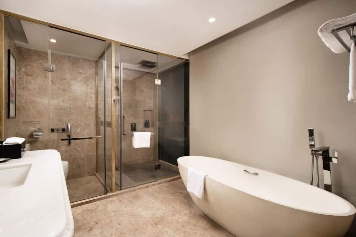 Bathroom | Separate bathtub and shower, free toiletries, hair dryer, bathrobes