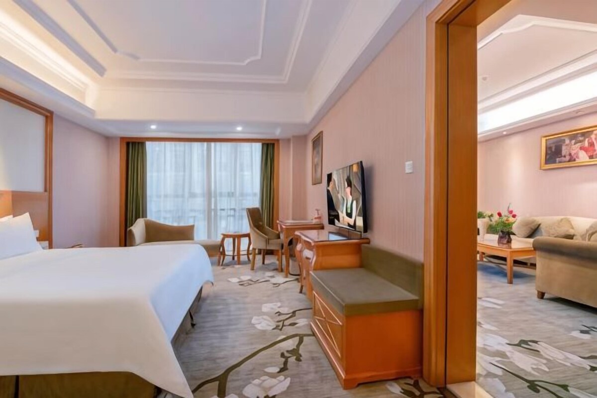 Una camera d'albergo con un letto, una scrivania, una sedia, televisore e un divano.