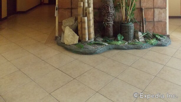 A lobby with a decorative wall featuring bamboo, rocks, and a statue. - Mo2 Days Inn (Bacolod)