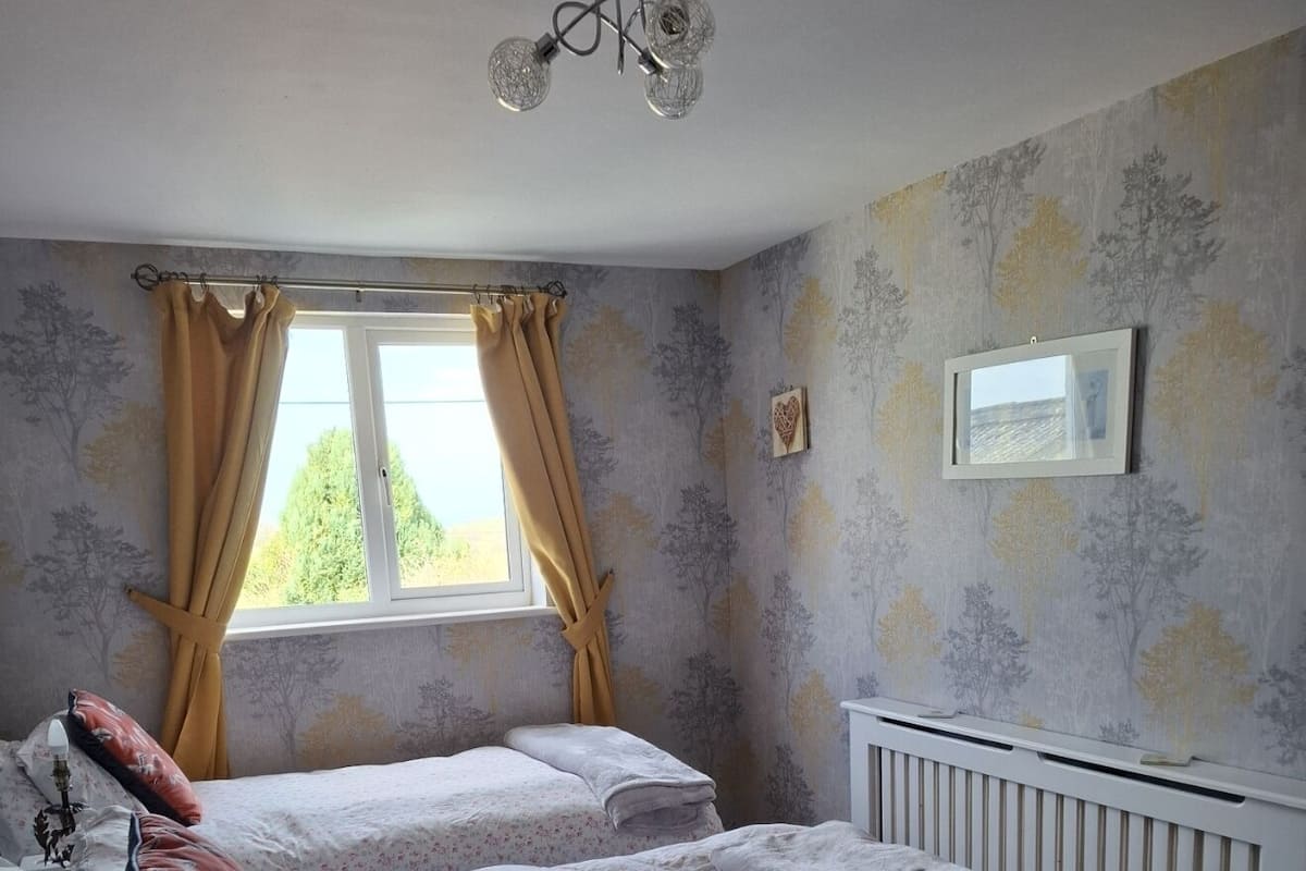A bedroom with two beds, a window with curtains, a radiator, and a ceiling light fixture.