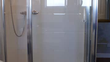 A glass-enclosed shower stall with a tiled wall and a visible door handle.
