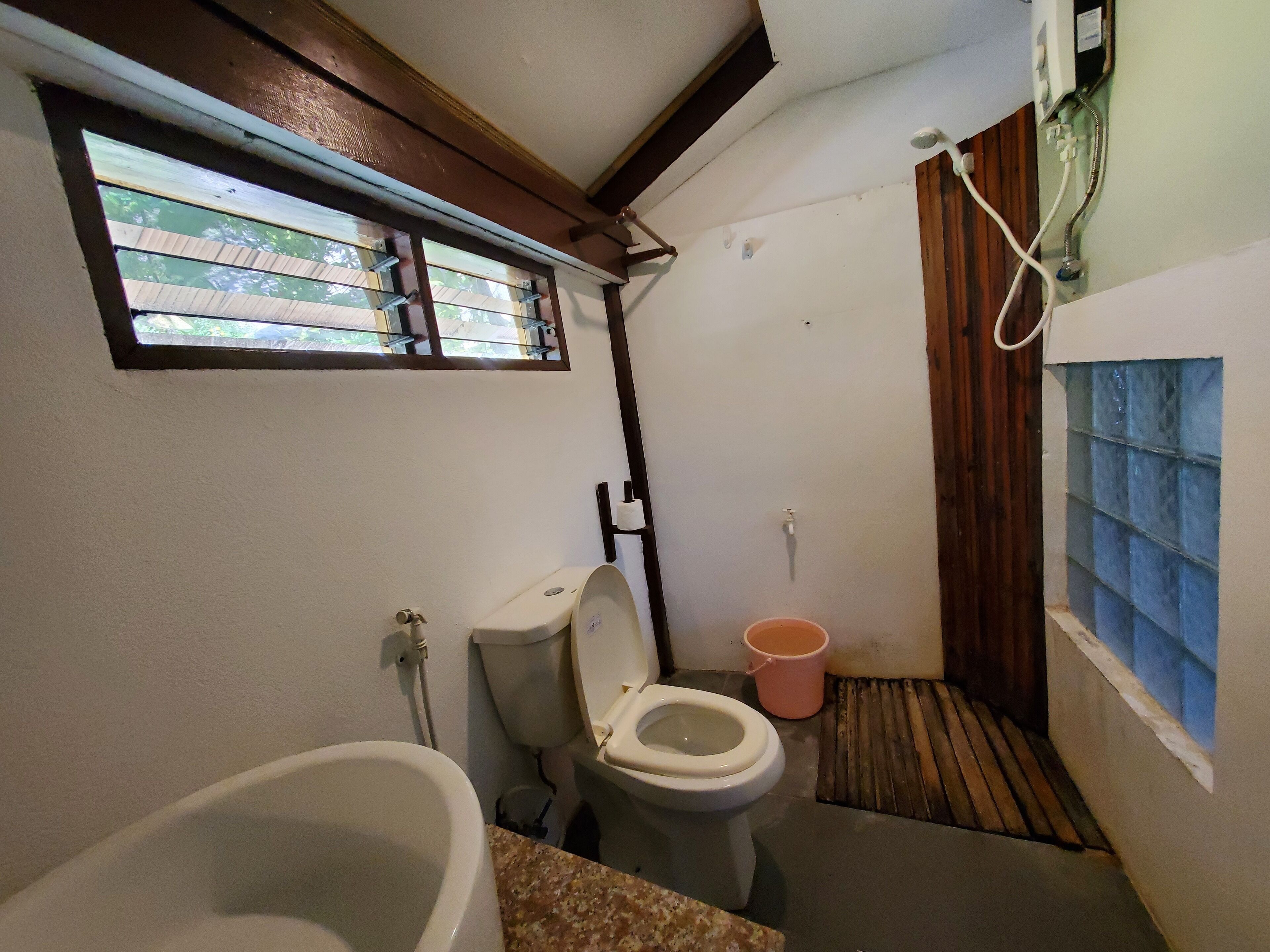A compact bathroom with a toilet, bidet, and a window with a view of greenery.