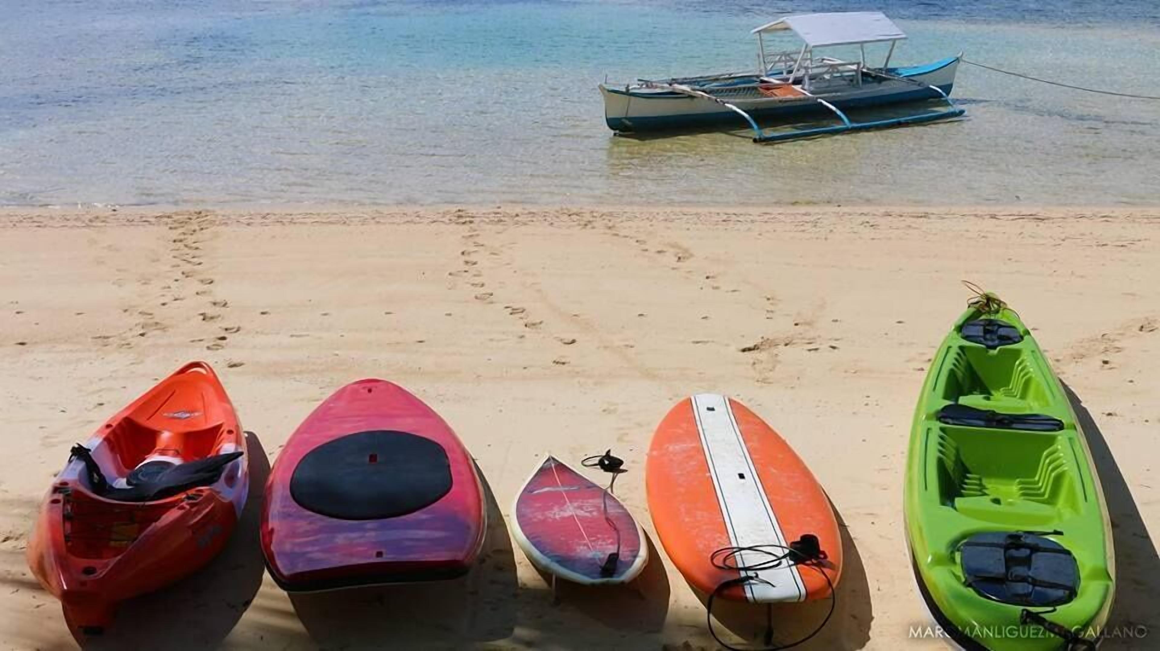 Cinco kayaks alineados en una playa arenosa, con un bote al fondo.