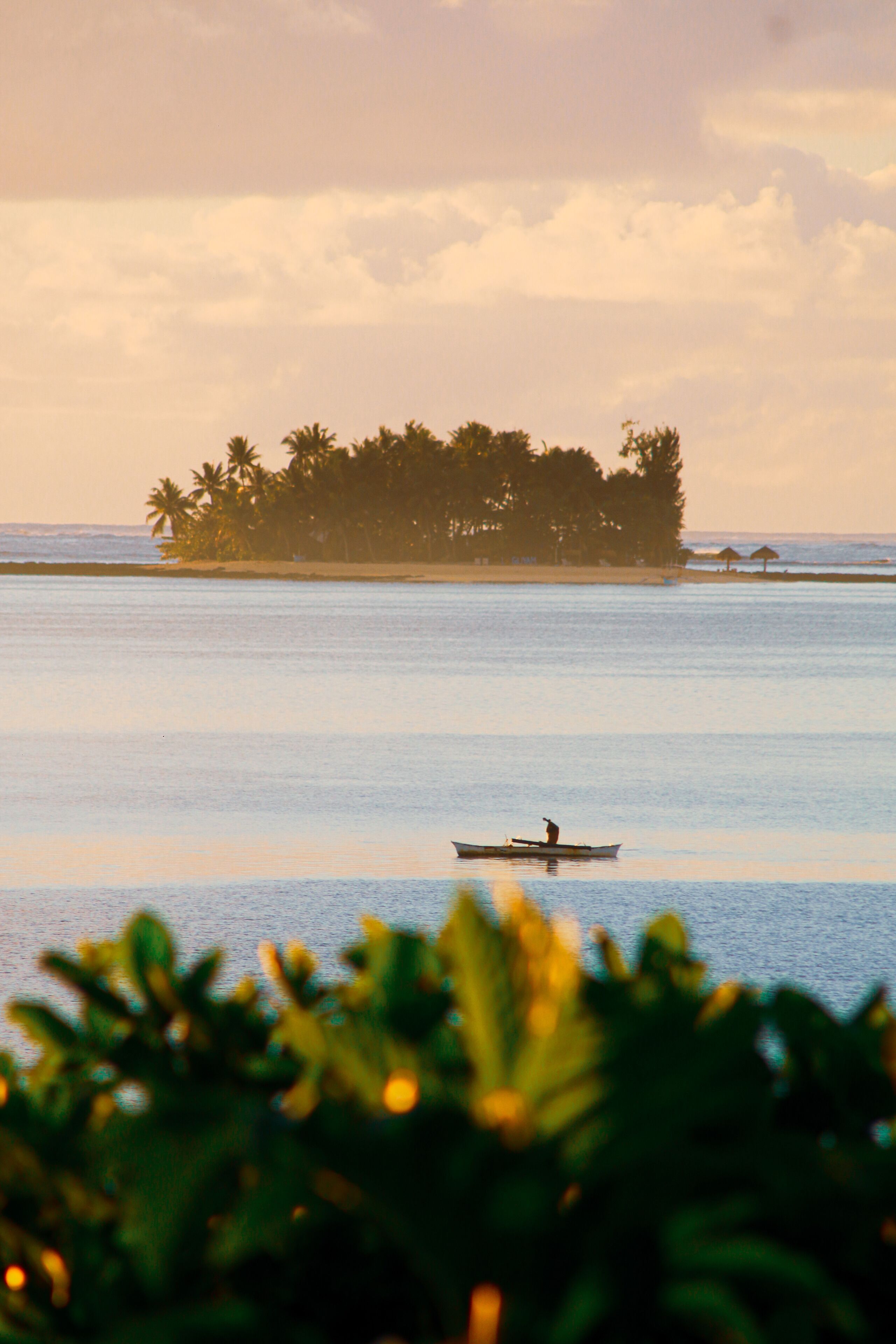 A tropical island with palm trees and a boat on the water.