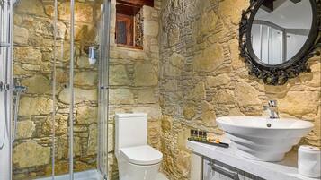 A bathroom with a stone wall, a shower enclosure, a toilet, and a sink with a mirror.