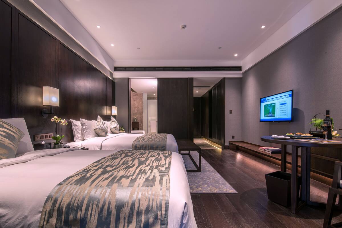 Een moderne hotelkamer met twee bedden, een bureau, een televisietoestel en een kleine plant.