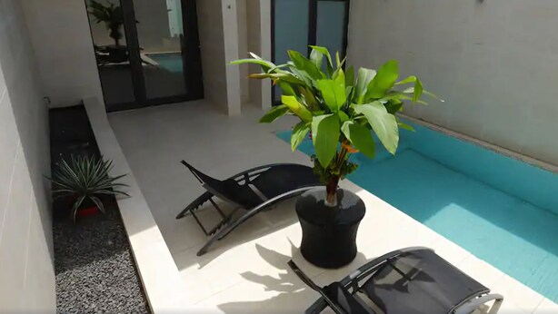 A small outdoor area with a pool, a potted plant, and two lounge chairs. - Magno Suites (Malabo)