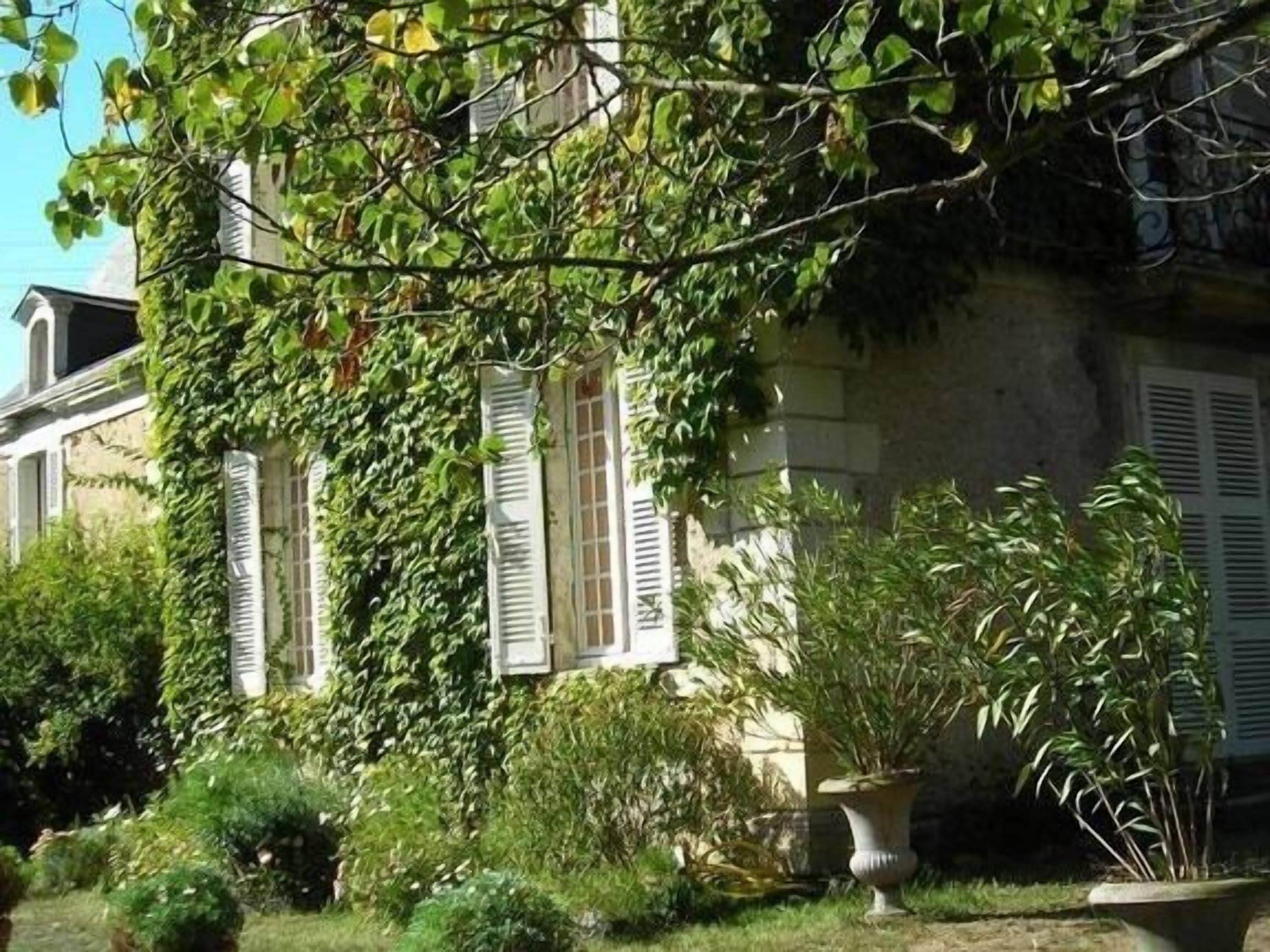 A stone building with white shutters, surrounded by lush greenery and potted plants.
