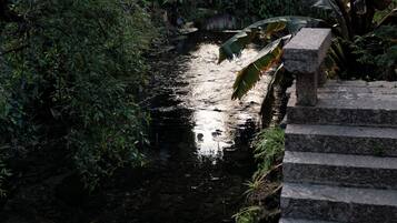 Un edificio tradicional con tejado de baldosas, una escalera de piedra y un pequeño canal.