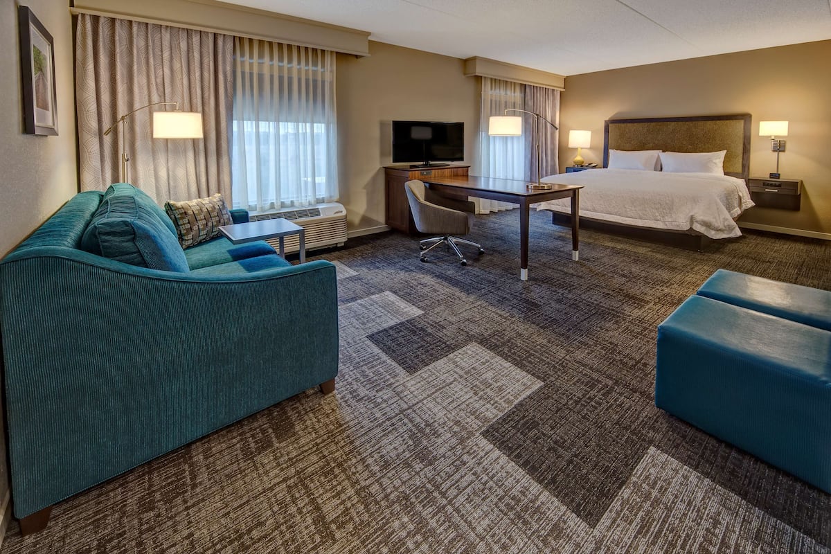 Une chambre d’hôtel équipée d’un canapé, d’un bureau, d’un lit et d’une télévision.