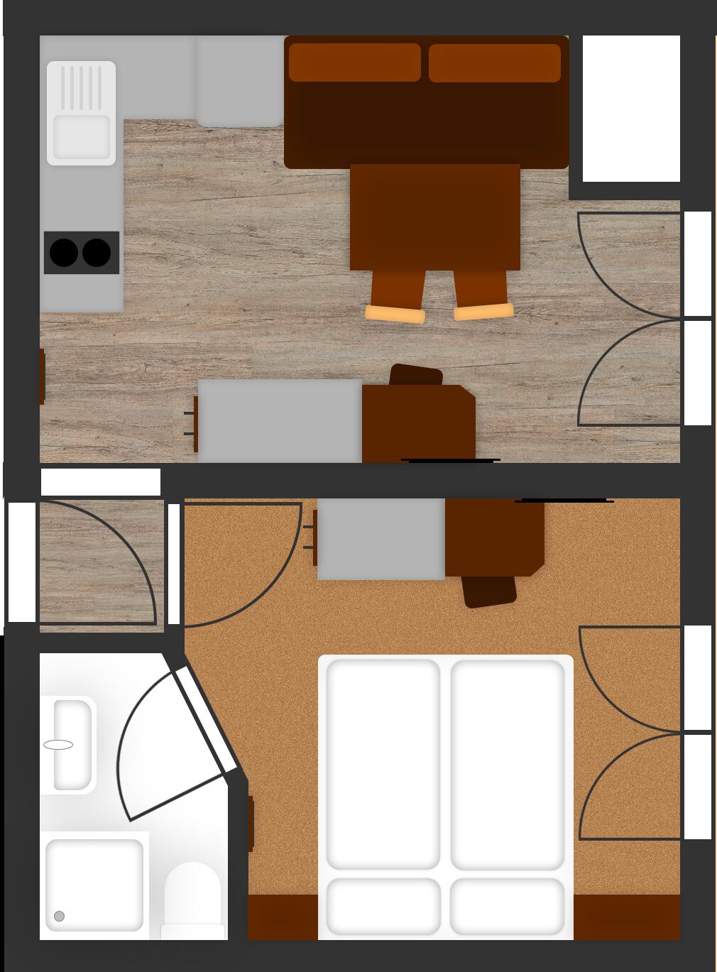A top-down view of a hotel room with a wooden floor, a bed, a desk, a chair, a small table, and a window.