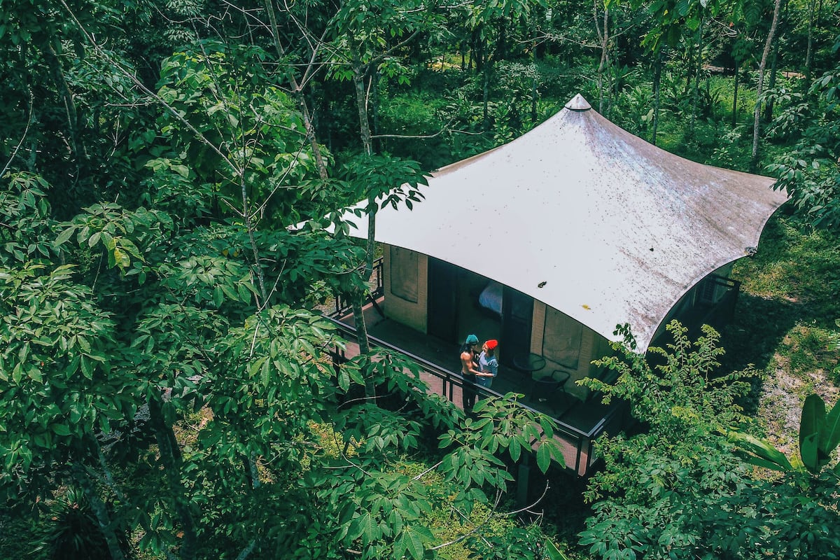 A secluded, single-story structure surrounded by dense foliage, featuring a simple, open-air design with a flat roof.