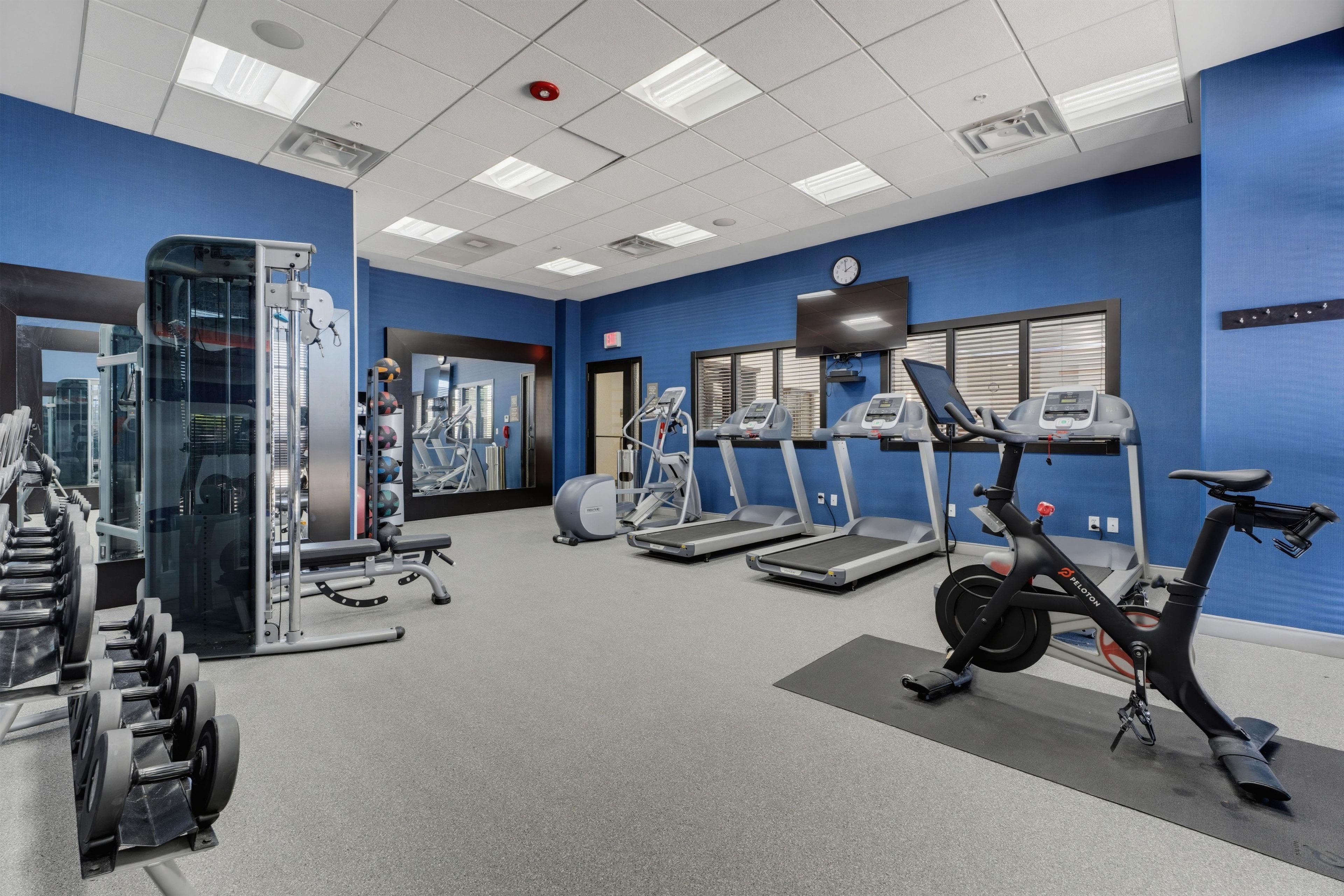A gym with exercise equipment, including treadmills, an elliptical, and free weights.