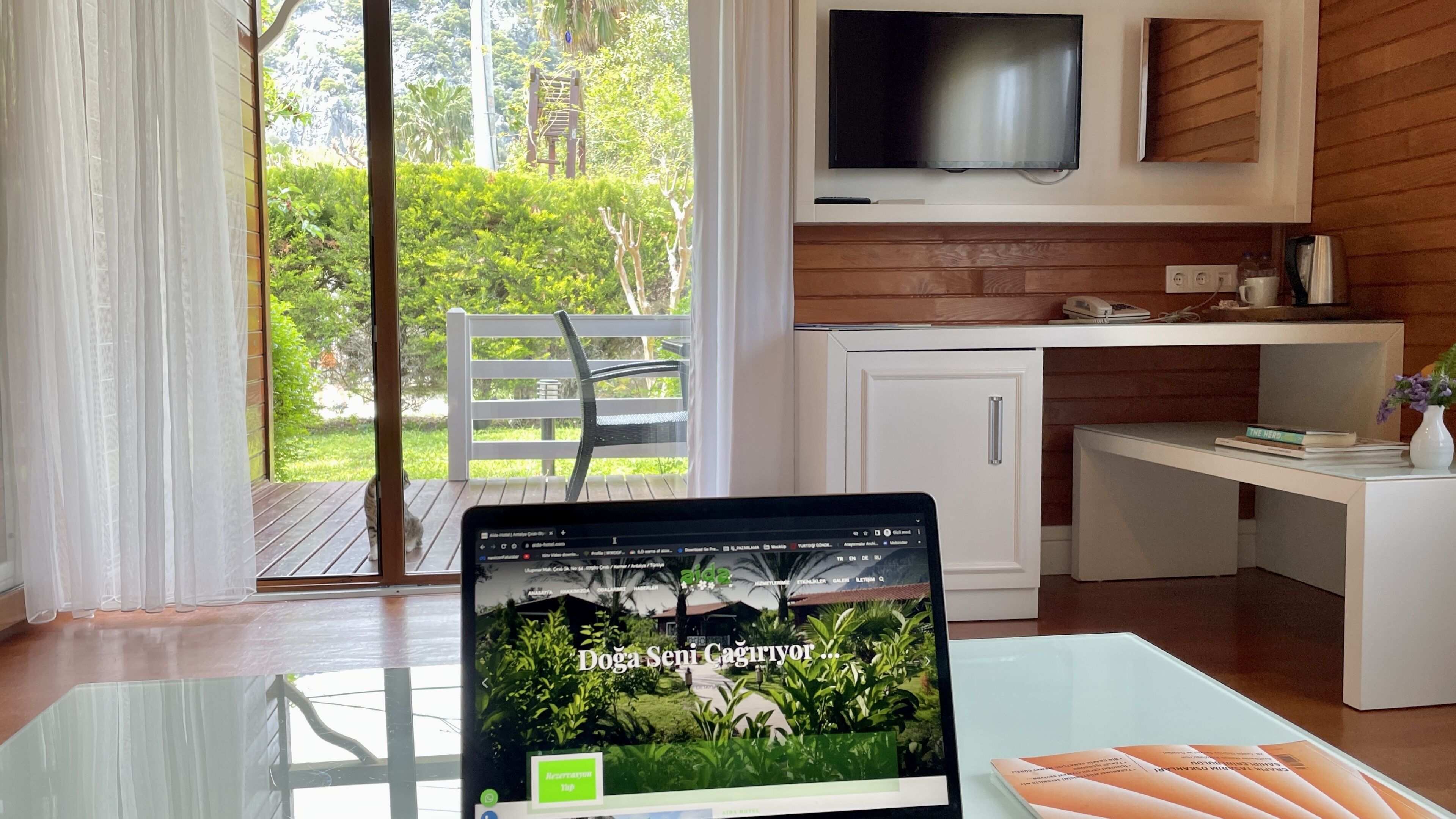 deluxe bungalow | living area | tv, fireplace