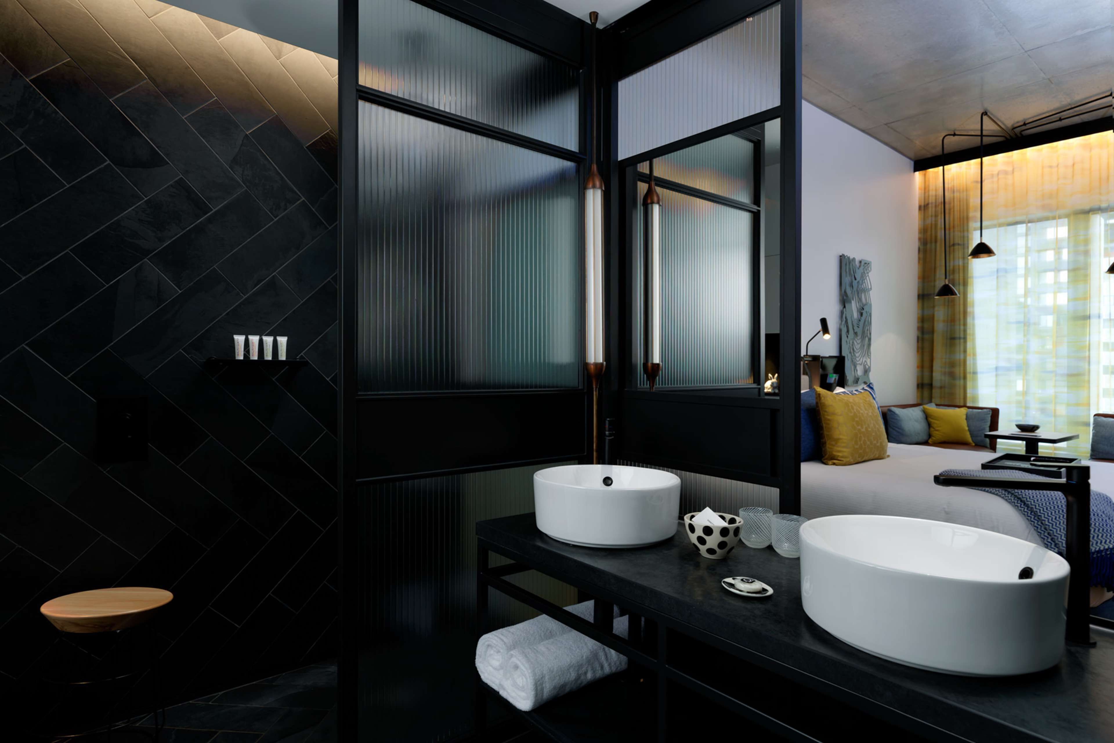 rainfall showerhead, designer toiletries, hair dryer, bathrobes