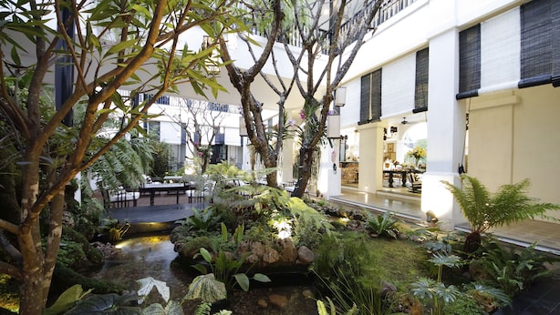 Un jardin intérieur agrémenté d’un petit élément décoratif aquatique, d’un espace salon et de différentes plantes.