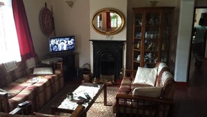 A traditional living room with a sofa set, a fireplace, a television, and a cabinet with glass doors.