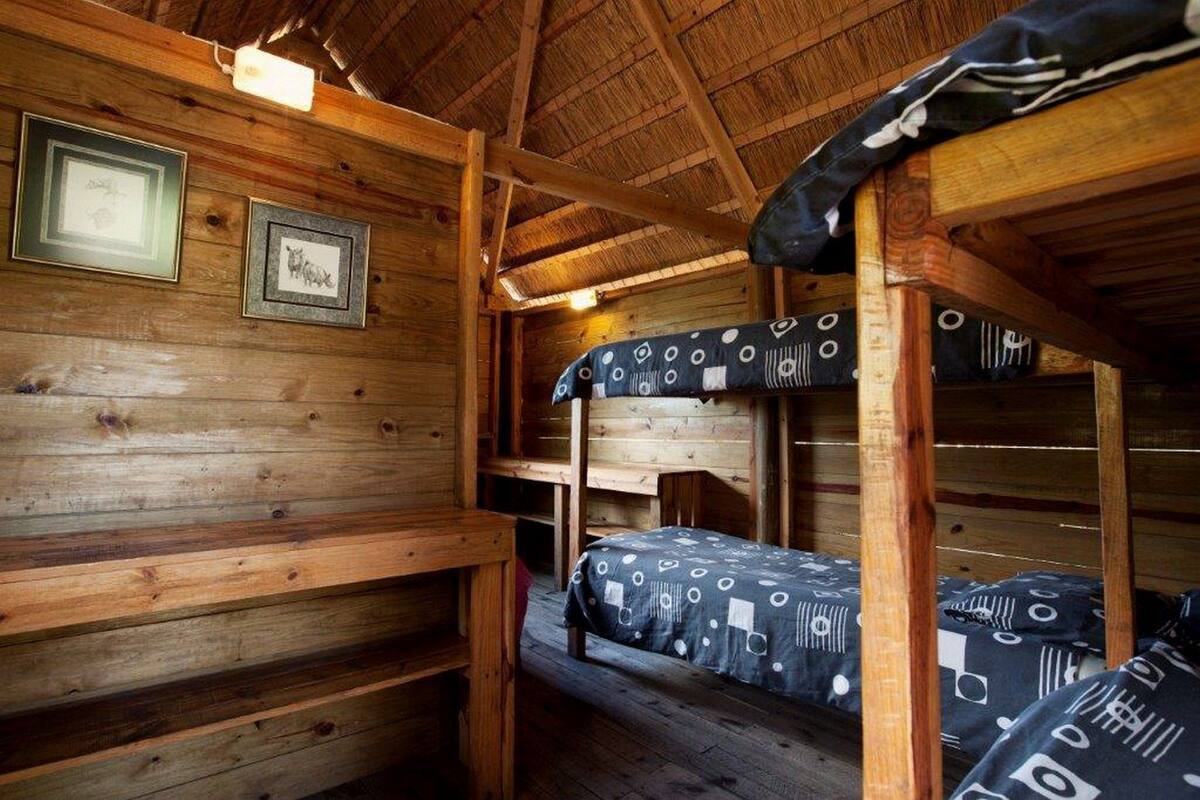 A rustic wooden cabin with bunk beds, wooden walls, and framed pictures on the wall.