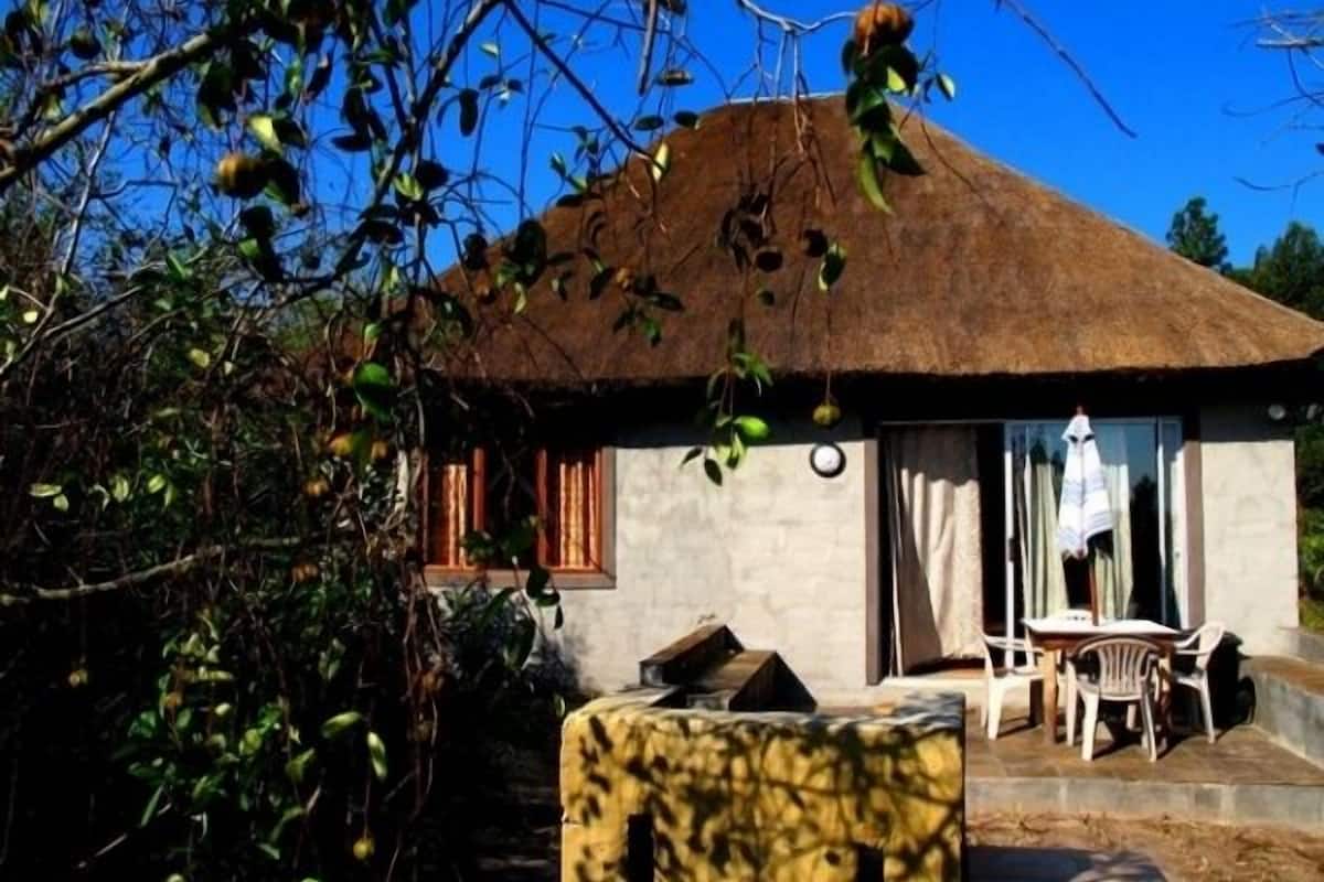 A thatched-roof house with a small patio area, a table, and chairs.