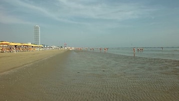 Ein Strand mit einer weiten Sandfläche, einigen Sonnenschirmen und einem hohen Gebäude im Hintergrund.