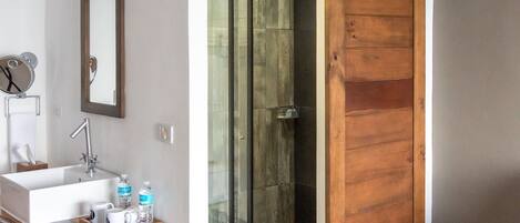 A modern bathroom with a sink, mirror, and shower.