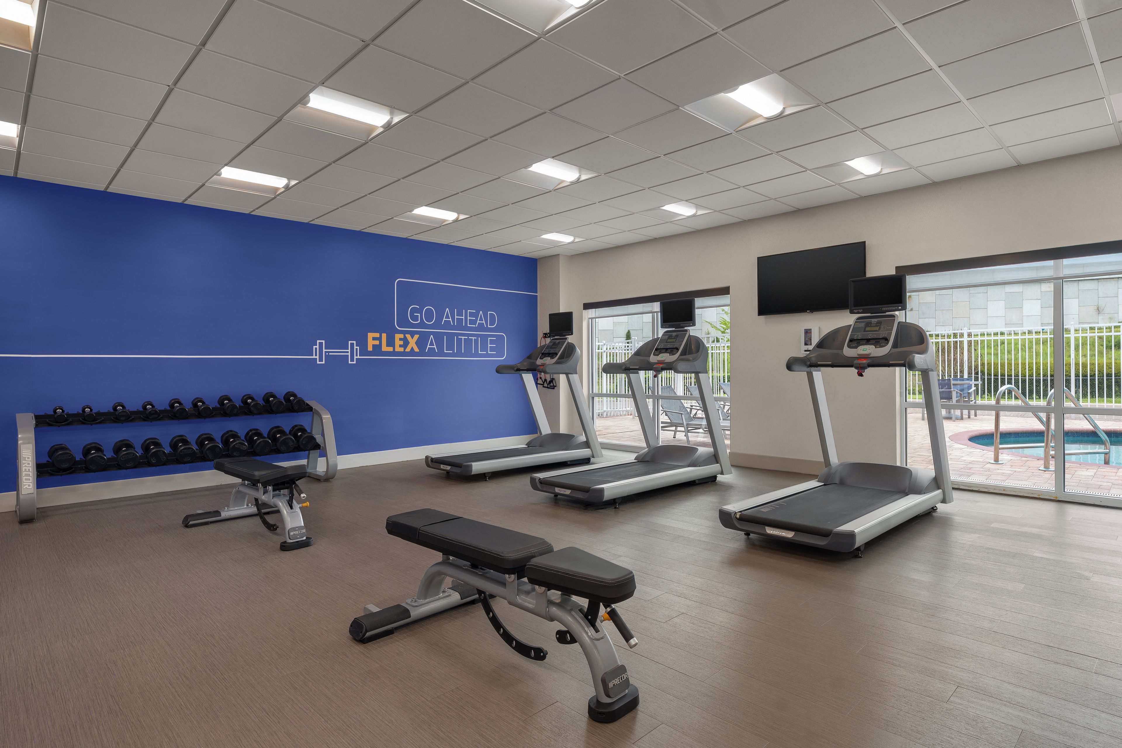 Un gimnasio con cintas de correr, mancuernas y un banco.