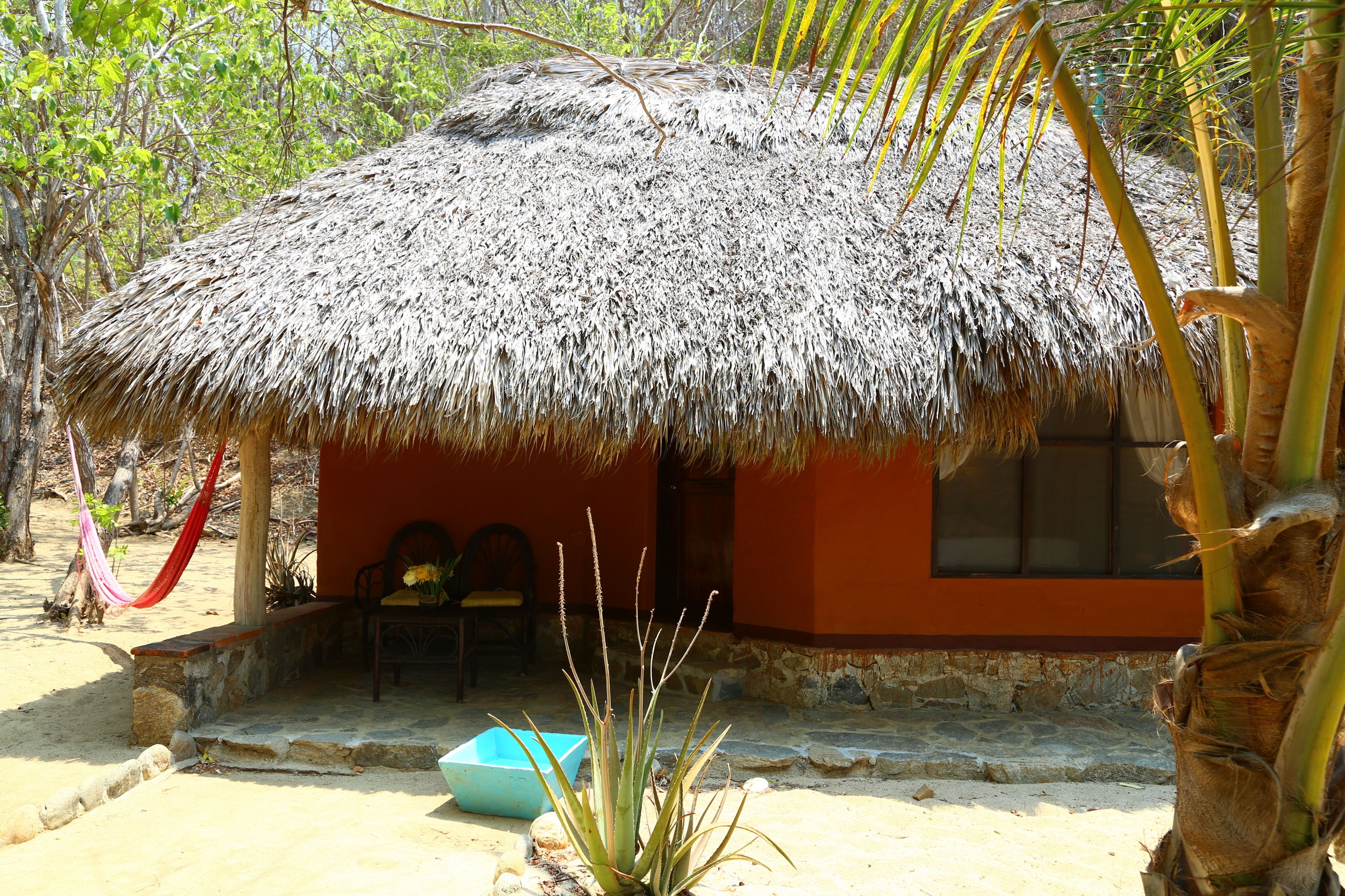 A thatched-roof hut with a bench and a blue basin outside.