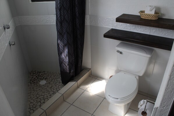 A bathroom with a white toilet, a shower with a patterned floor, and a shelf with a basket. - Hotel Casa Blanca San Miguel (San Miguel de Allende)