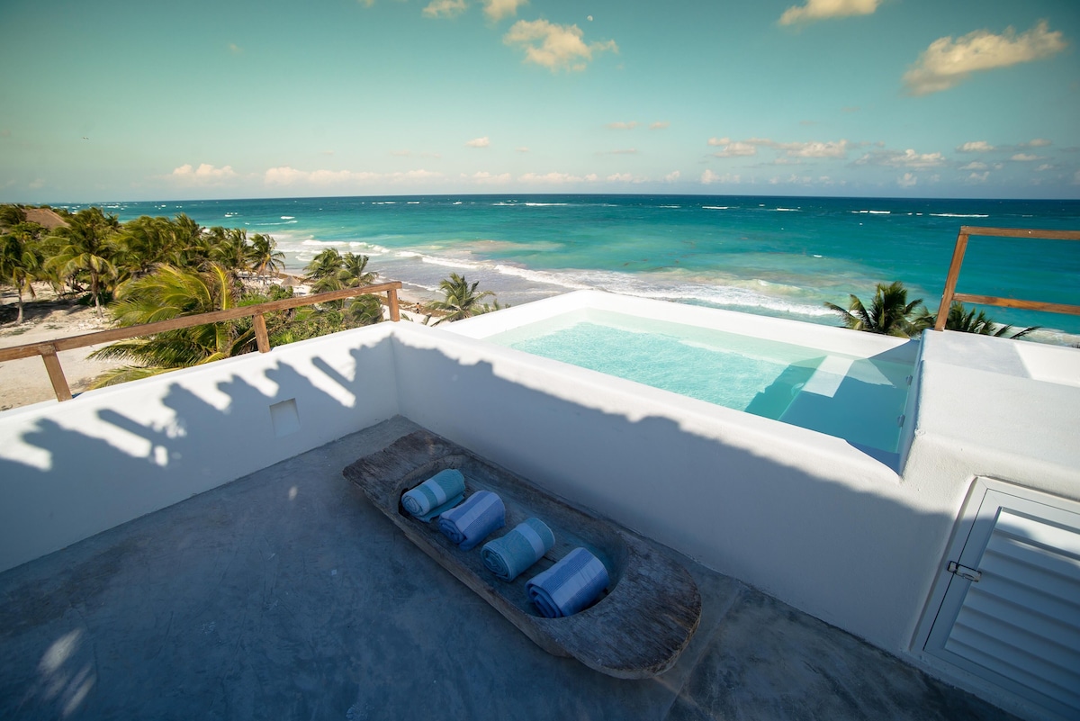 rooftop deck of Chiringuito tulum, with orivate plunge pool overlooking the ocean