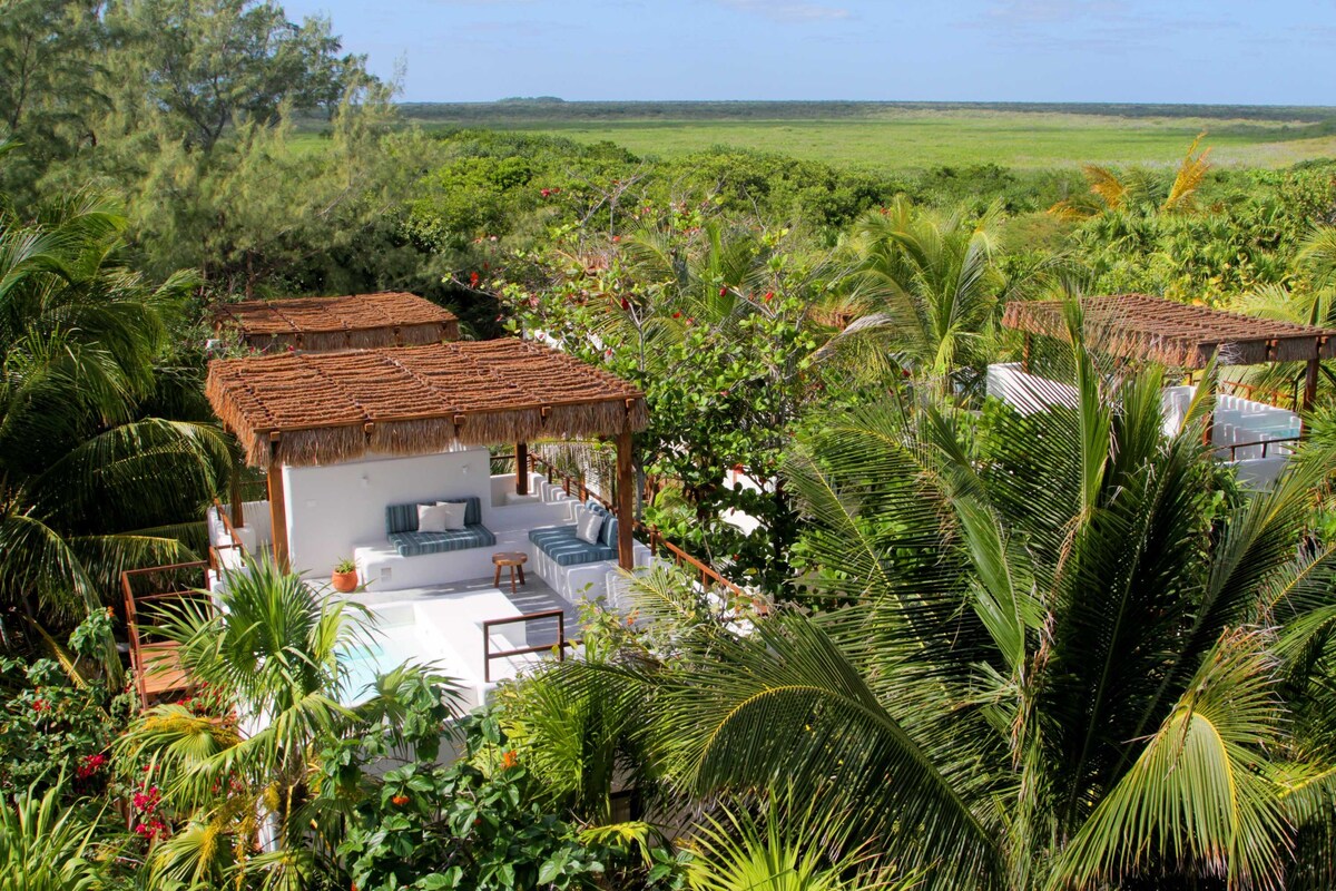 A bungalow with a thatched roof, a pool, and lush greenery surrounding it.