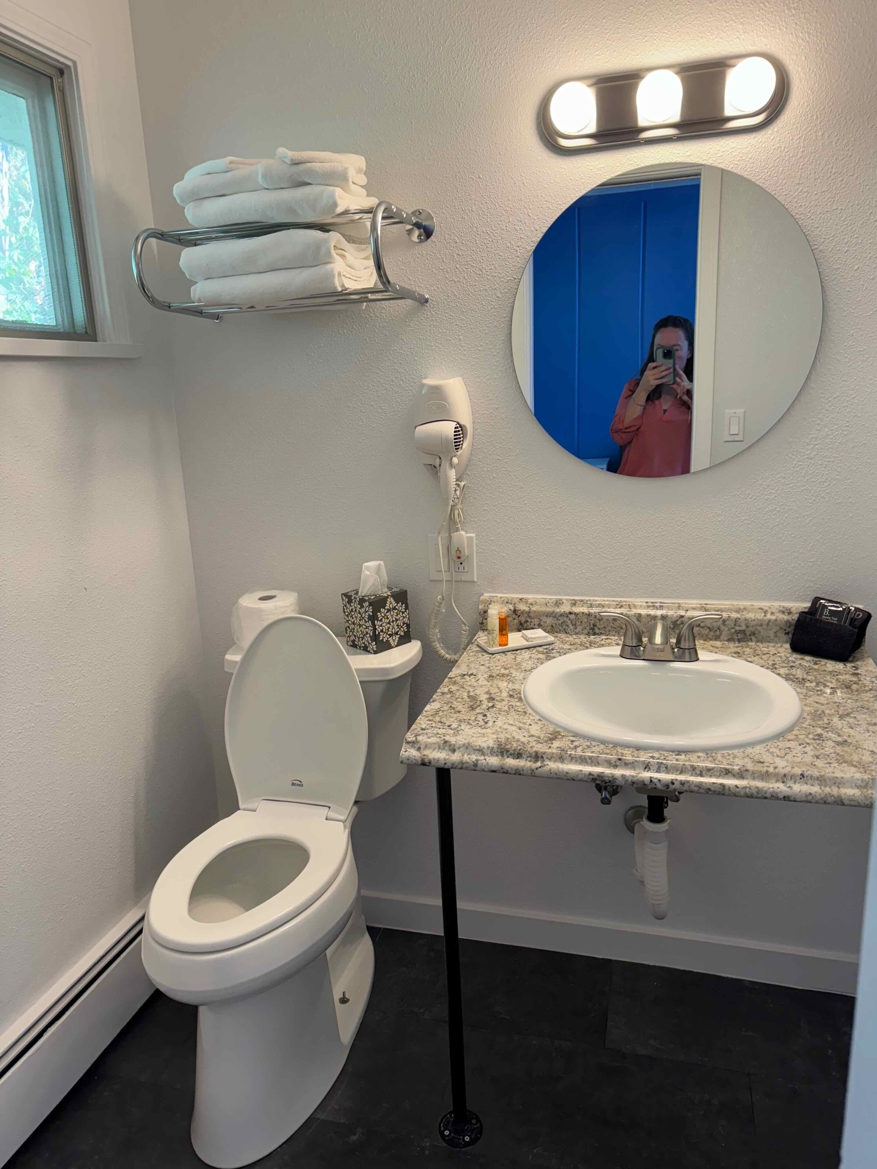 Une salle de bain équipée de toilettes, d’un lavabo, d’un porte-serviettes et d’un miroir avec éclairage.