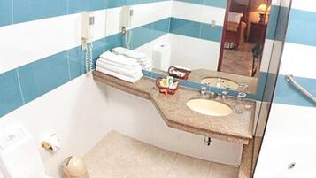 Combined shower/bathtub, free toiletries, hair dryer, towels