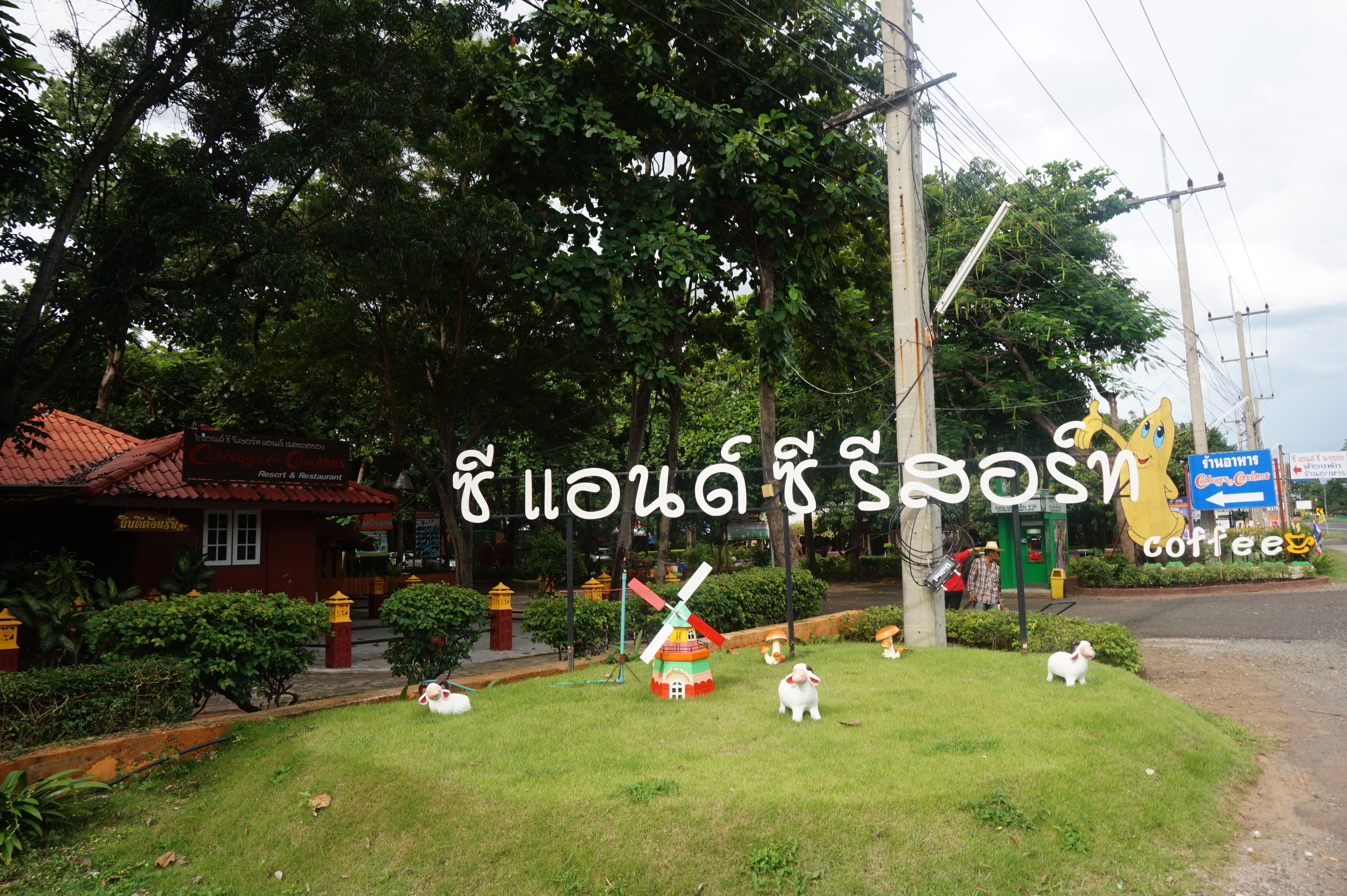 A green lawn with a windmill, a small building with a red roof, and a sign for a coffee shop.