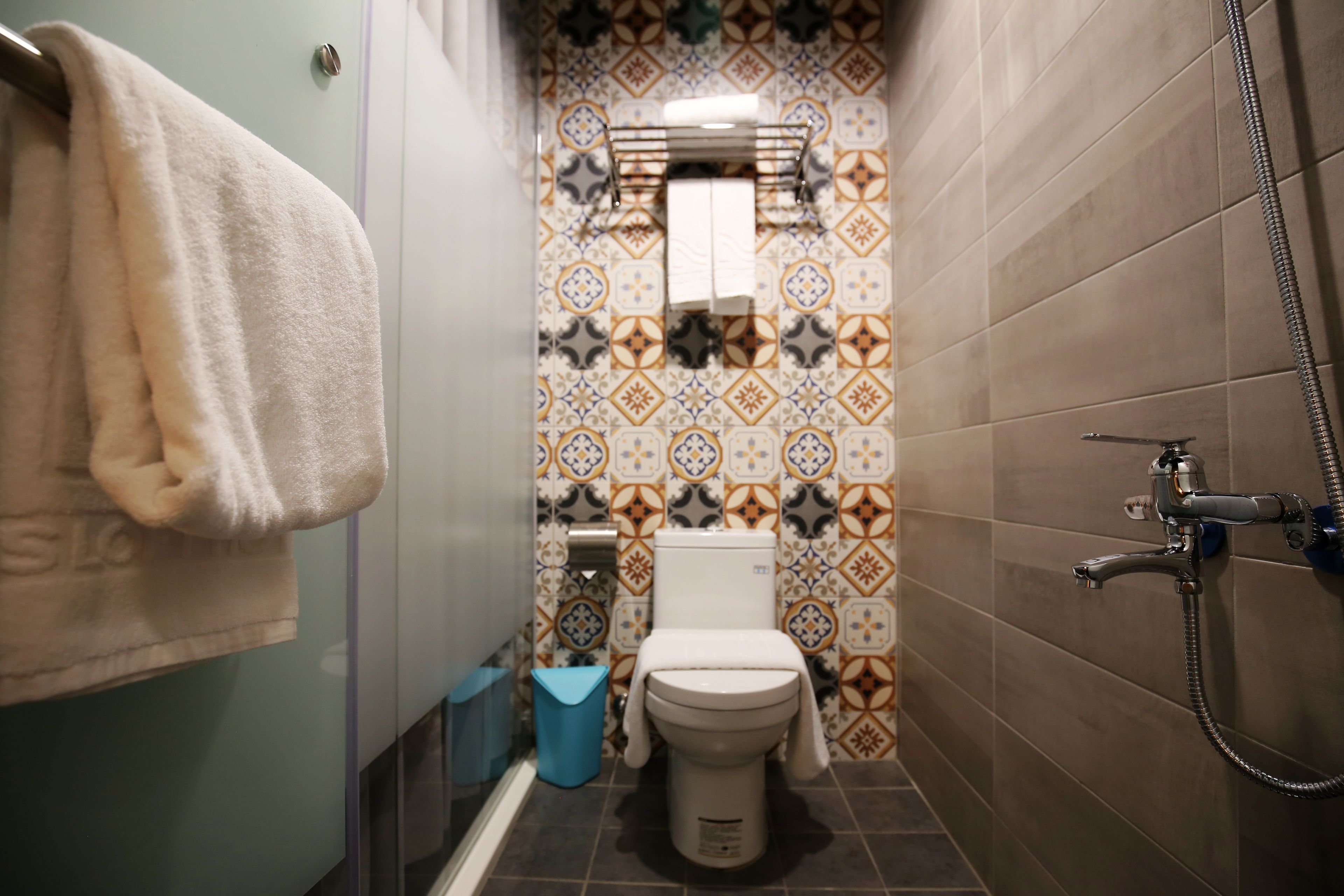 A bathroom with a toilet, a shower, and a towel rack.