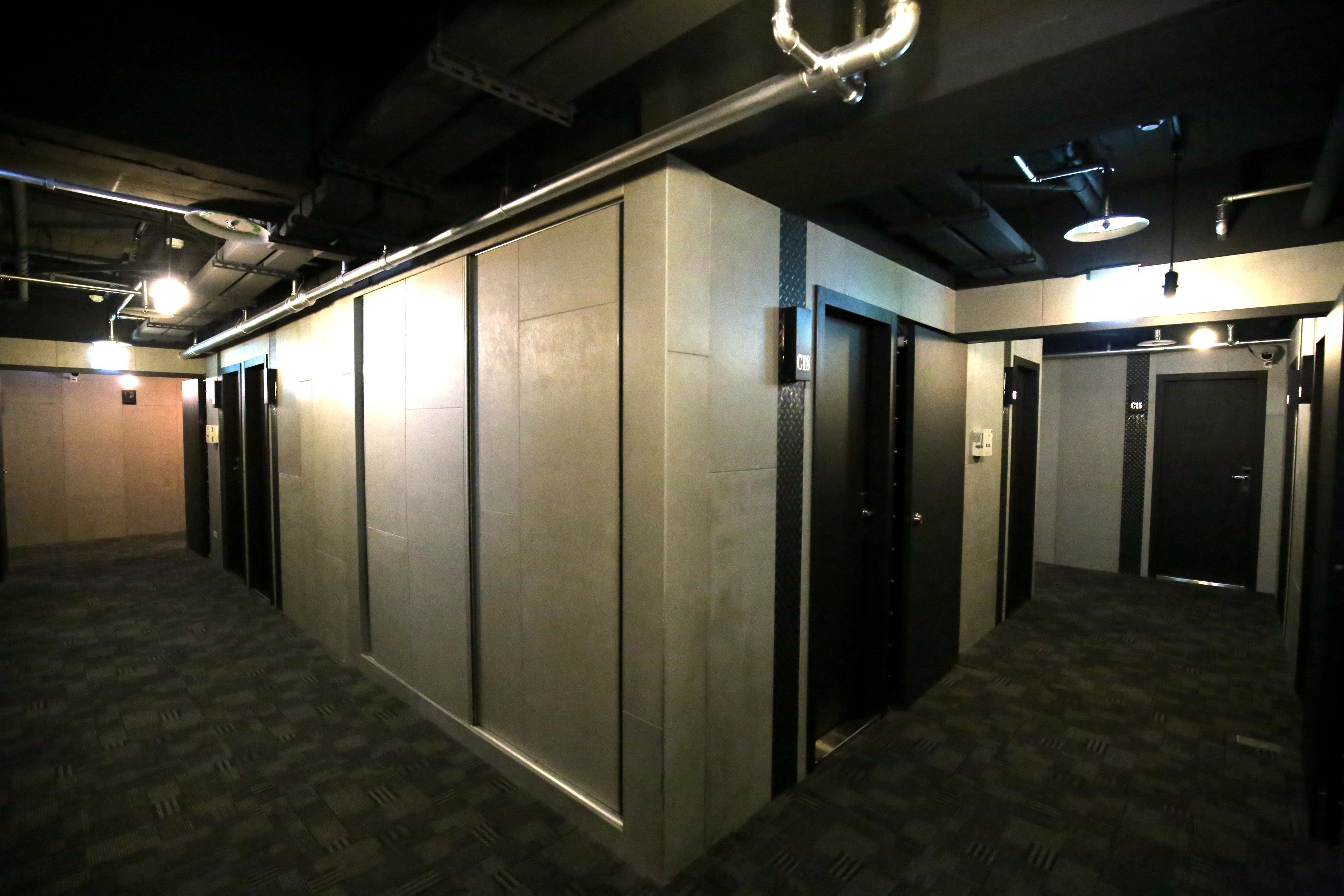 A hallway with elevators, carpeted flooring, and a modern industrial ceiling design.
