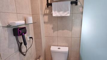 Een kleine badkamer met toilet, een glazen plankje met een haardroger, een handdoekhouder met handdoeken en een wc-papierhouder.