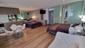 Pillow-top beds, desk, laptop workspace, soundproofing