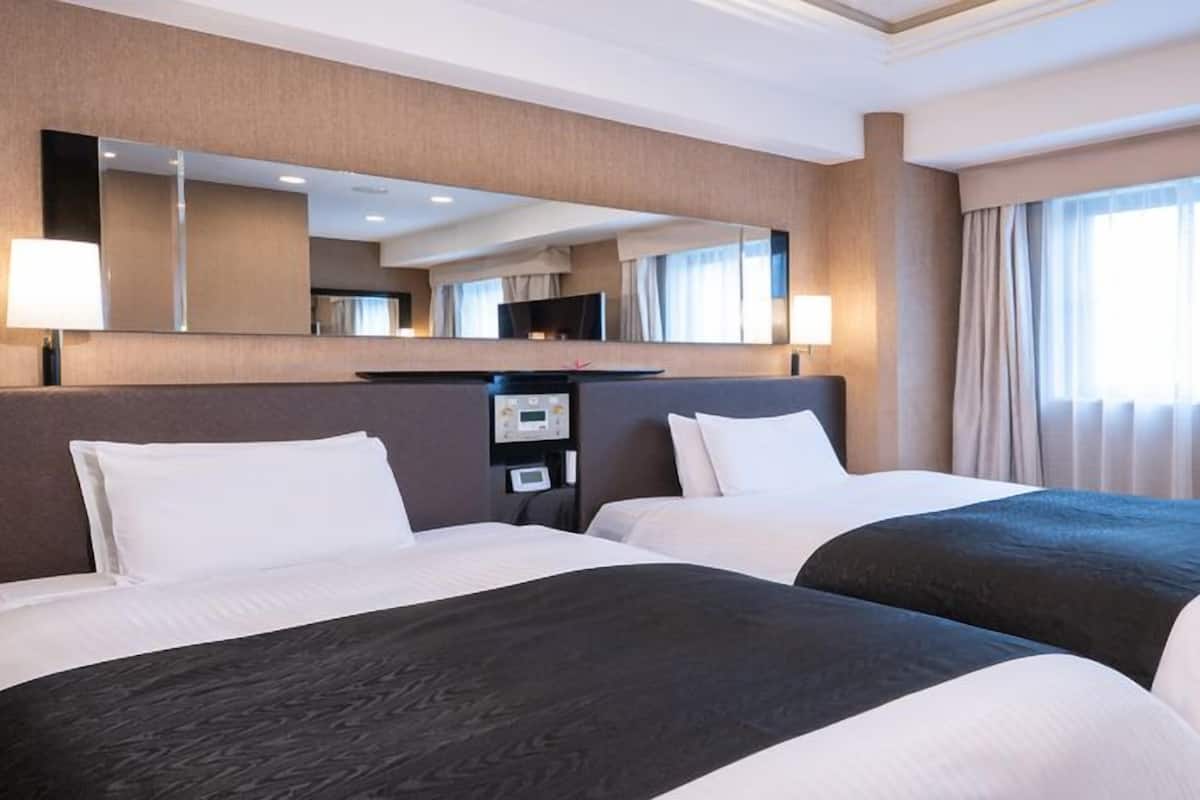 Habitación de hotel con dos camas, un espejo grande, un televisor de pantalla plana y una ventana con cortinas.