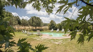 Zona de piscina con sillones de descanso y césped, rodeada de árboles.