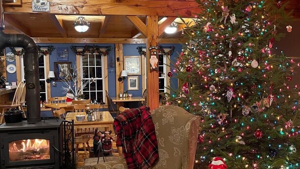 A cozy living room with a fireplace, a Christmas tree, and rustic wooden beams. - Blueberry Fields B&B (Washington)