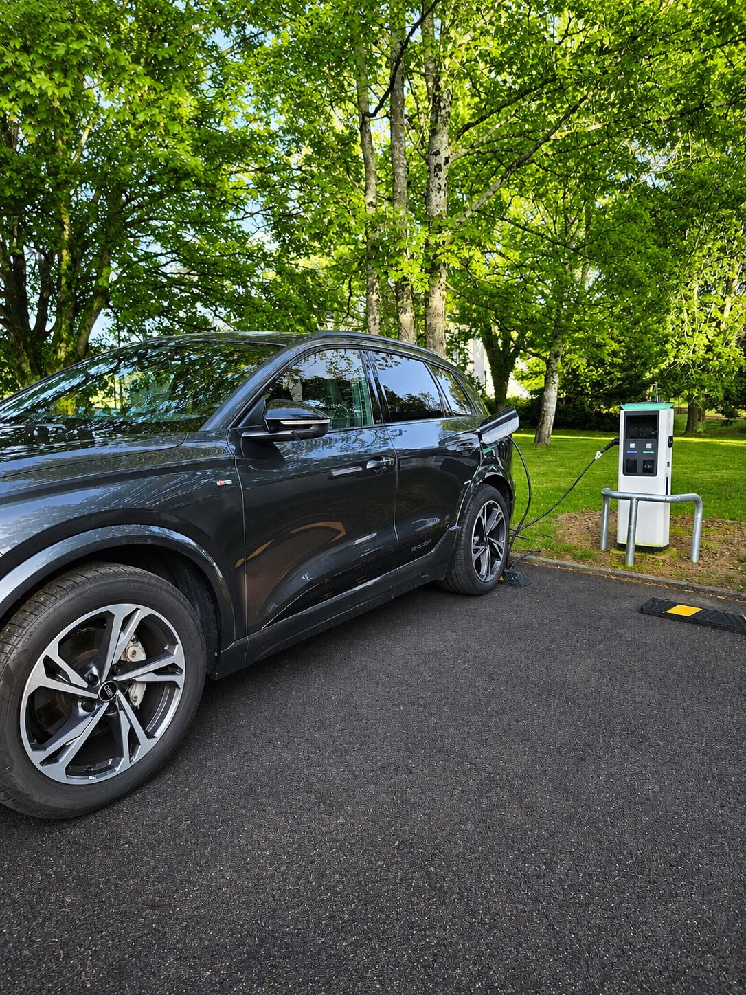 A black car parked at a charging station in a park with trees.