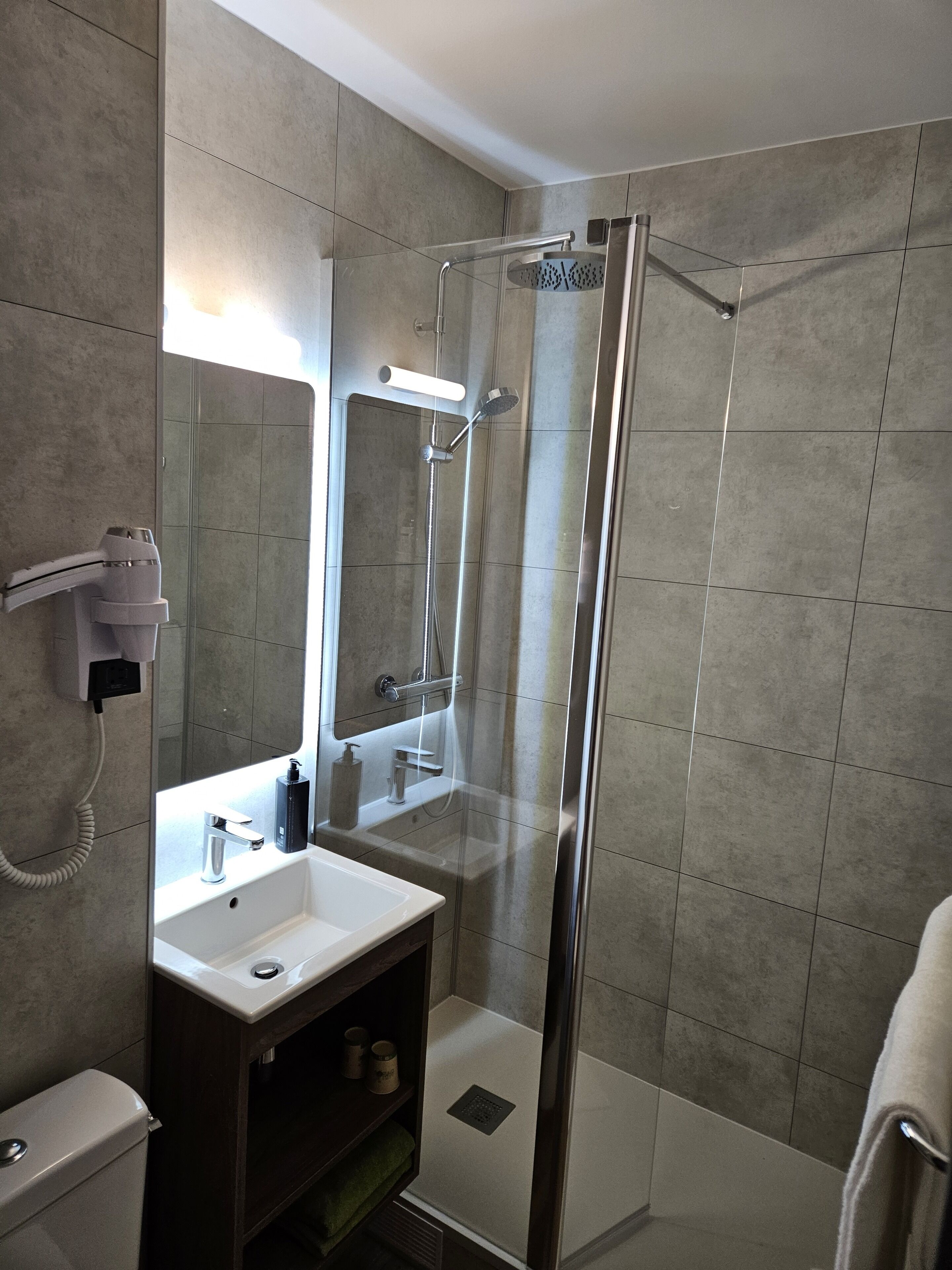 combined shower/bathtub, free toiletries, hair dryer, towels