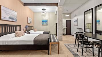 Suíte estúdio família, 2 camas Queen, cozinha americana | Roupas de cama premium, individualmente decorados